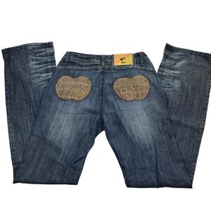 Apple‎ Bottoms Jeans 7/8 Dark Wash Plaid Apple Pocket Studded Y2K Straight